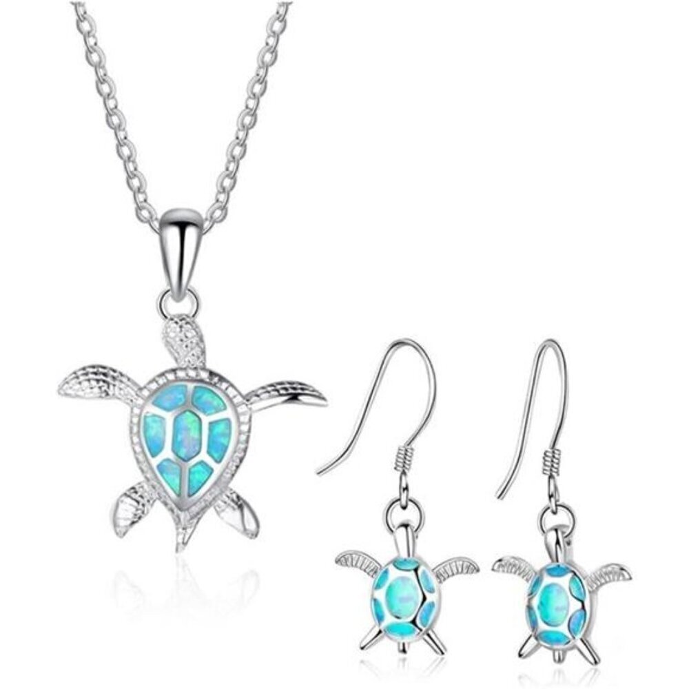 Turtle Necklace Earrings Set for Women Silver Opal Pendant Jewelry Fashion